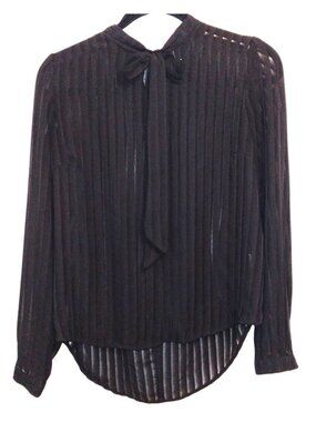 WOMEN'S FOREVER 21 BLACK SHEER STRIPED BLOUSE W/ NECK TIE COLLAR - SIZE M
